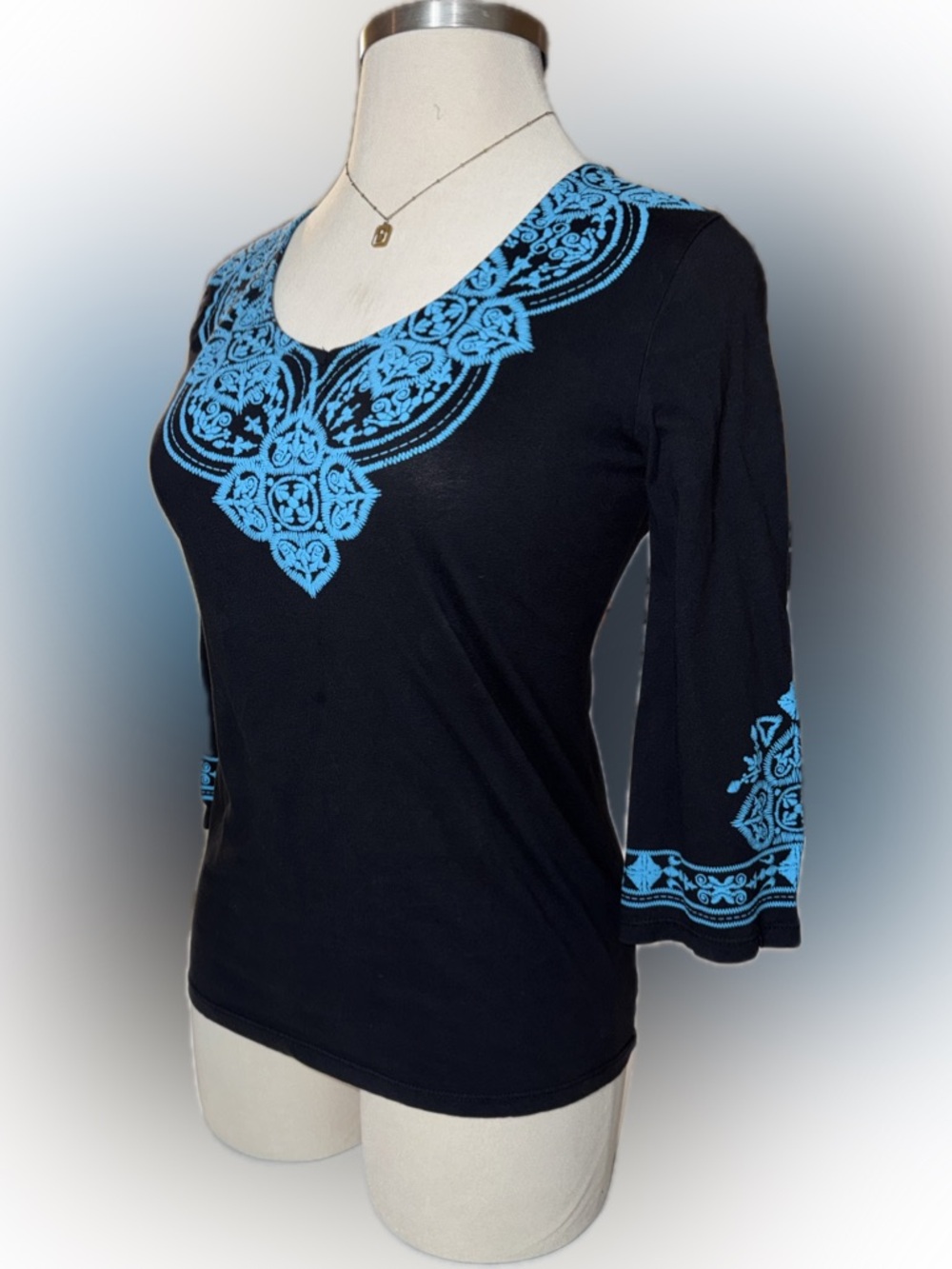 Women's Pink Cattlelac Black Top with Blue Embroidered Neckline - Elegant V-Neck